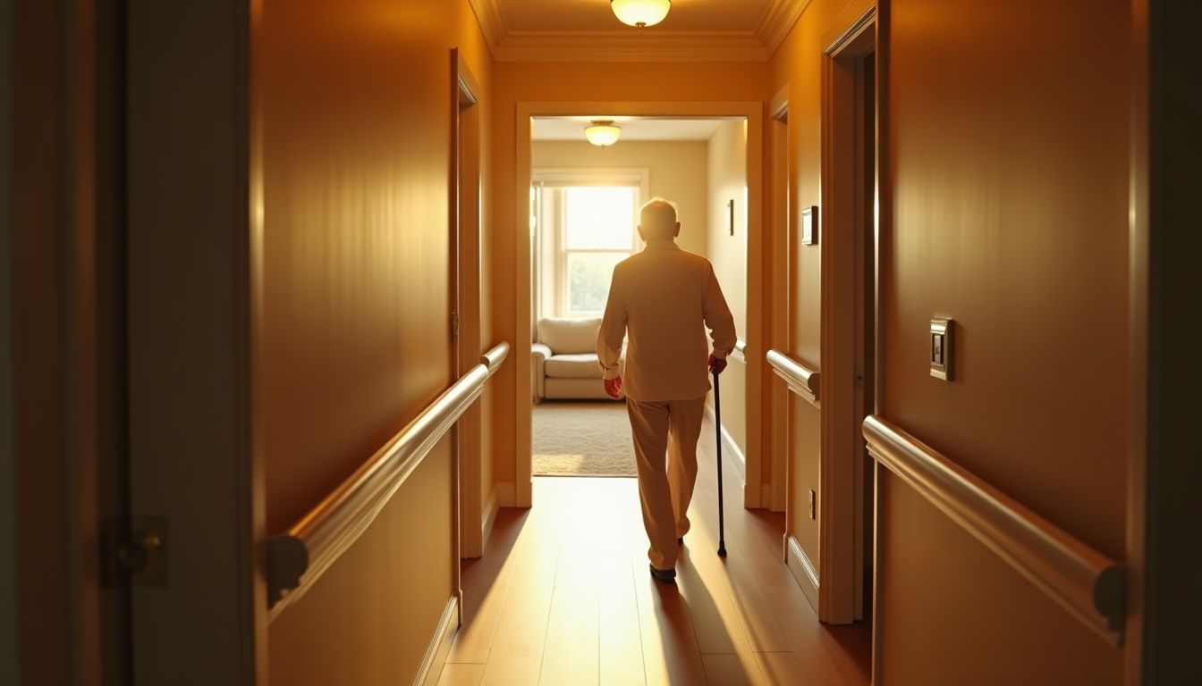 A warm cinematic photograph of a bright safe family kitchen, an older couple at a table with tea and a notebook, golden-hour light through the window, gentle reassuring mood, photorealistic, no text