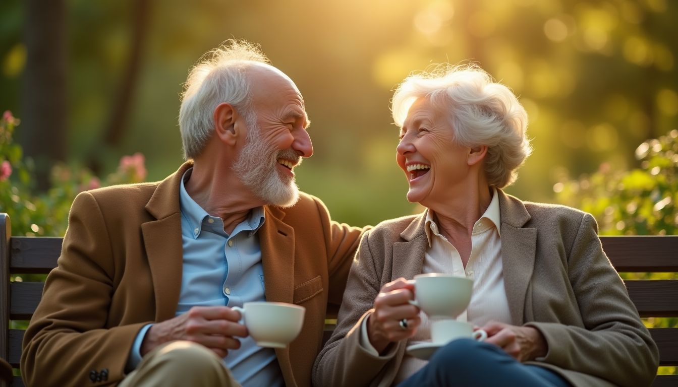 A cinematic photograph of two older adults laughing together on a garden bench with tea, soft warm sunlight and foliage behind, tender connected mood, photorealistic, no text