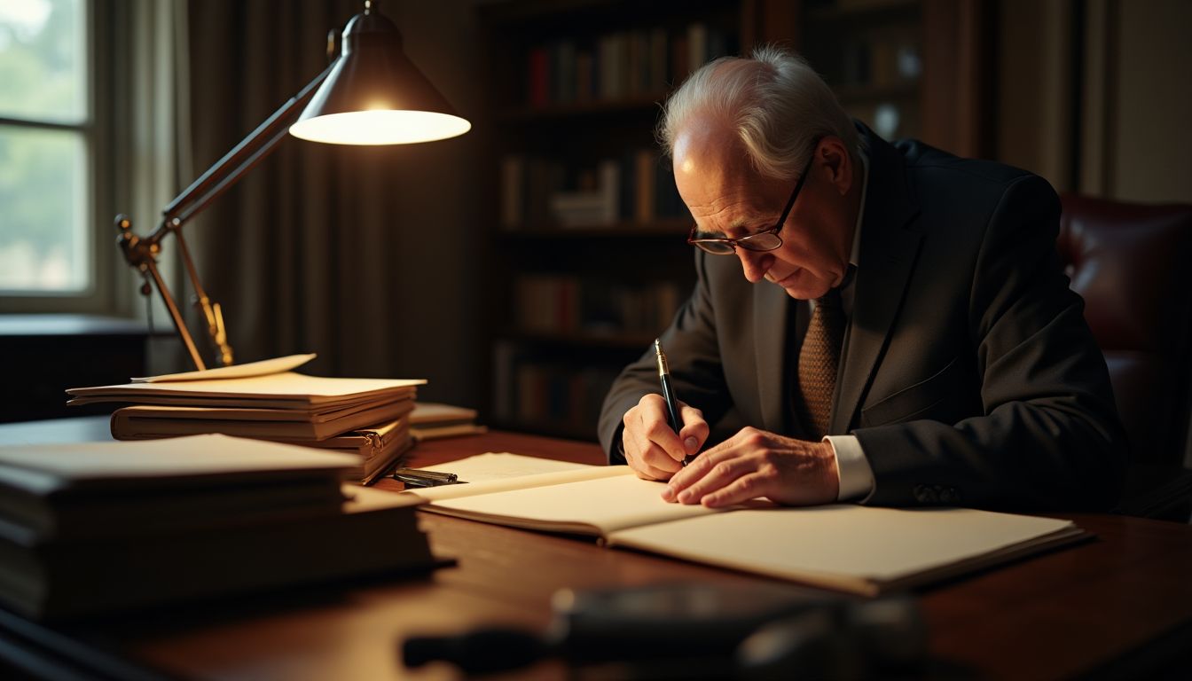 A cinematic photograph of an older person writing in a journal at a wooden desk with neatly organised document folders, a fountain pen and warm lamplight, dignified calm mood, photorealistic, no text